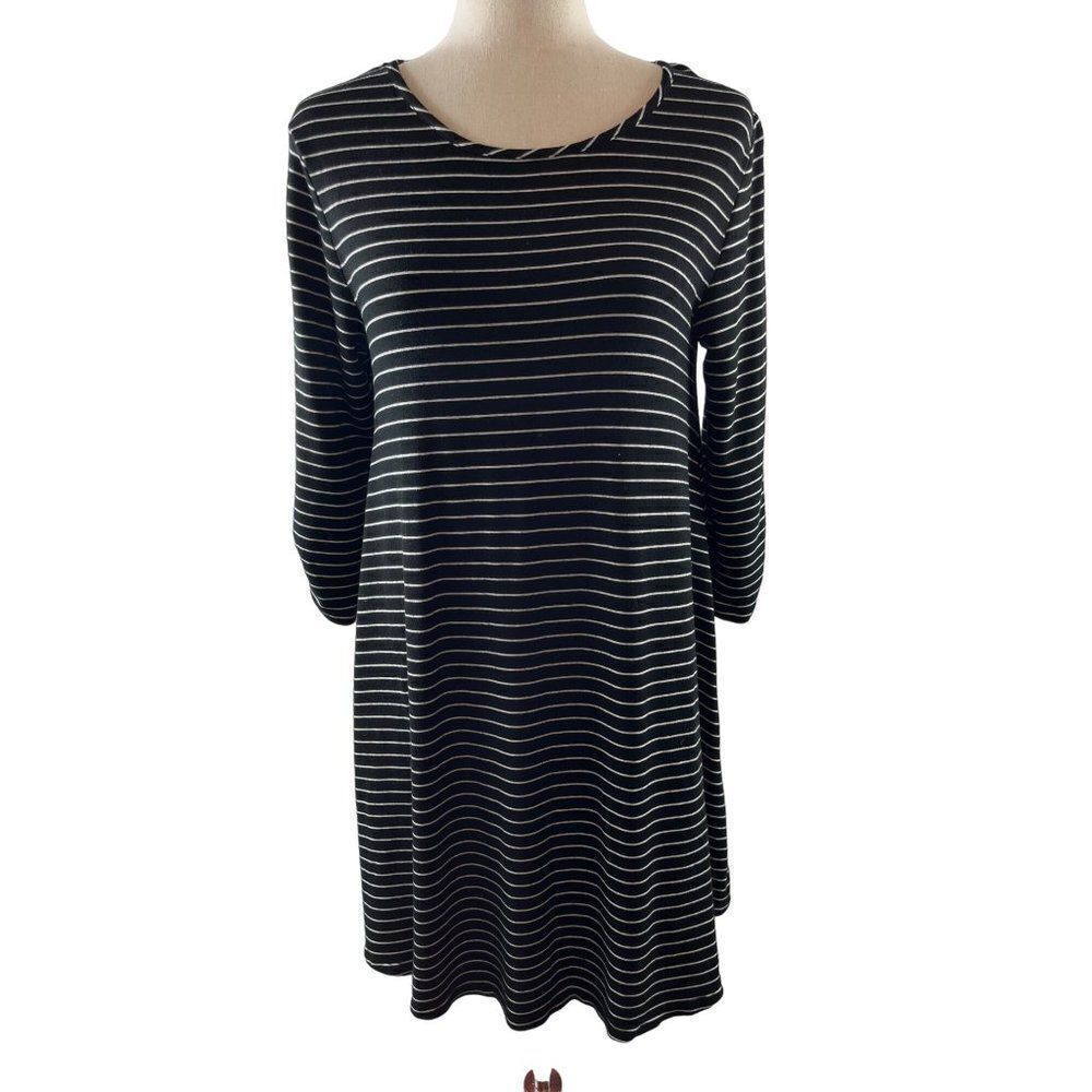 Garnet Hill Striped 3/4 Ruched Sleeve Jersey Shift Dress Size Small Black White